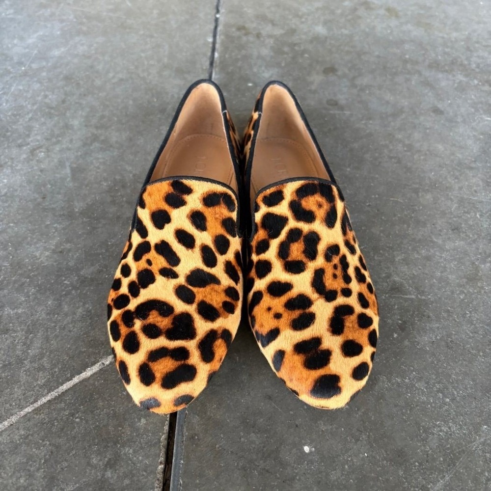 J.Crew Factory Leopard Smoking Slipper Loafers Women's 5.5 Calf Hair City Office